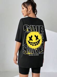 SHEIN Coolane 卡通和標語圖案落肩袖超大號T恤 - 黑色 - 查看 1