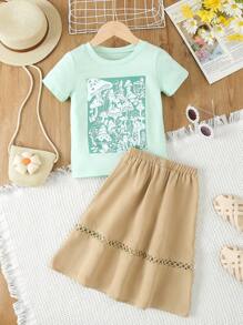 SHEIN 女小童1入組素色蕾絲花邊半身裙 - 卡其色 - 查看 2