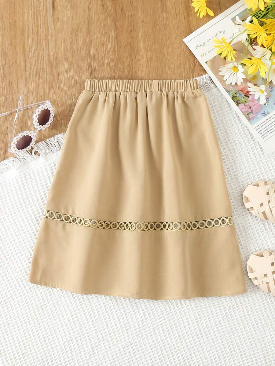 SHEIN 女小童1入組素色蕾絲花邊半身裙 - 卡其色 - 查看 1