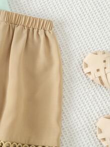 SHEIN 女小童1入組素色蕾絲花邊半身裙 - 卡其色 - 查看 5