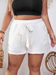 SHEIN VCAY Plus Solid Belted Shorts - White - View 5