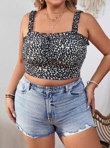 SHEIN VCAY Hơn In hoa Ditsy Lá sen tỉa Tie Trước Dây đeo rộng Áo - Nhiều màu - Xem 3
