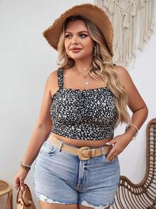 SHEIN VCAY Hơn In hoa Ditsy Lá sen tỉa Tie Trước Dây đeo rộng Áo - Nhiều màu - Xem 4