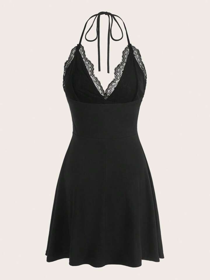 Our Contrast Lace Halter Neck Backless Dress Without Gloves, School is such  a vibe - ROMWE