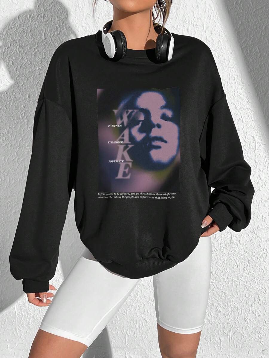 SHEIN EZwear Slogan & Figure Graphic Drop Shoulder Sweatshirt - Black - View 1