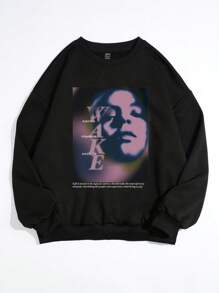 SHEIN EZwear Slogan & Figure Graphic Drop Shoulder Sweatshirt - Black - View 2