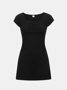 SHEIN Đầm Gái Xù màu trơn Giải trí - màu đen - Xem 1