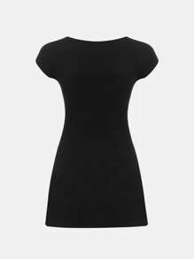 SHEIN Đầm Gái Xù màu trơn Giải trí - màu đen - Xem 2