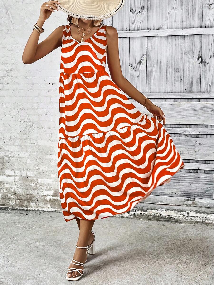 SHEIN Unity Vestido tank con estampado de rayas de onda bajo con fruncido - Multicolor - Ver 1