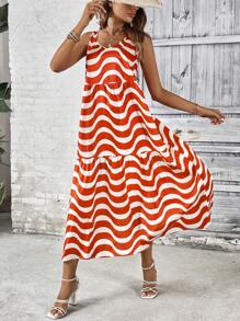 SHEIN Unity Vestido tank con estampado de rayas de onda bajo con fruncido - Multicolor - Ver 3