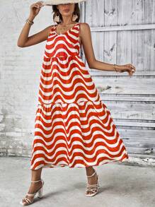 SHEIN Unity Vestido tank con estampado de rayas de onda bajo con fruncido - Multicolor - Ver 4