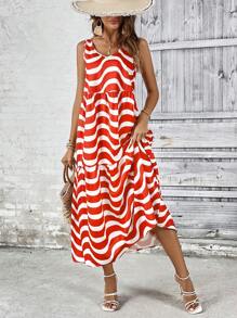 SHEIN Unity Vestido tank con estampado de rayas de onda bajo con fruncido - Multicolor - Ver 5