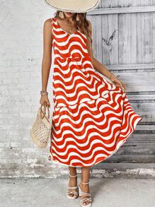 SHEIN Unity Vestido tank con estampado de rayas de onda bajo con fruncido - Multicolor - Ver 6