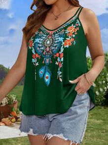 SHEIN LUNE Plus Floral  Print Cami Top - Army Green - View 1