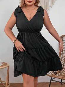 SHEIN VCAY 大碼肩上打結荷葉邊洋裝