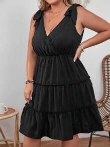 SHEIN VCAY 大碼肩上打結荷葉邊洋裝