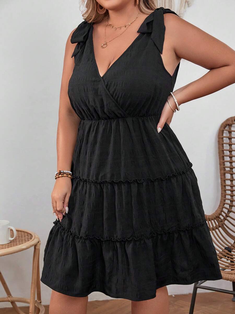 SHEIN VCAY 大碼肩上打結荷葉邊洋裝