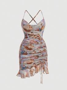 SHEIN MOD 夏季加大码图形抽绳褶饰荷叶边下摆网眼吊带连衣裙 - 彩色 - 查看 1