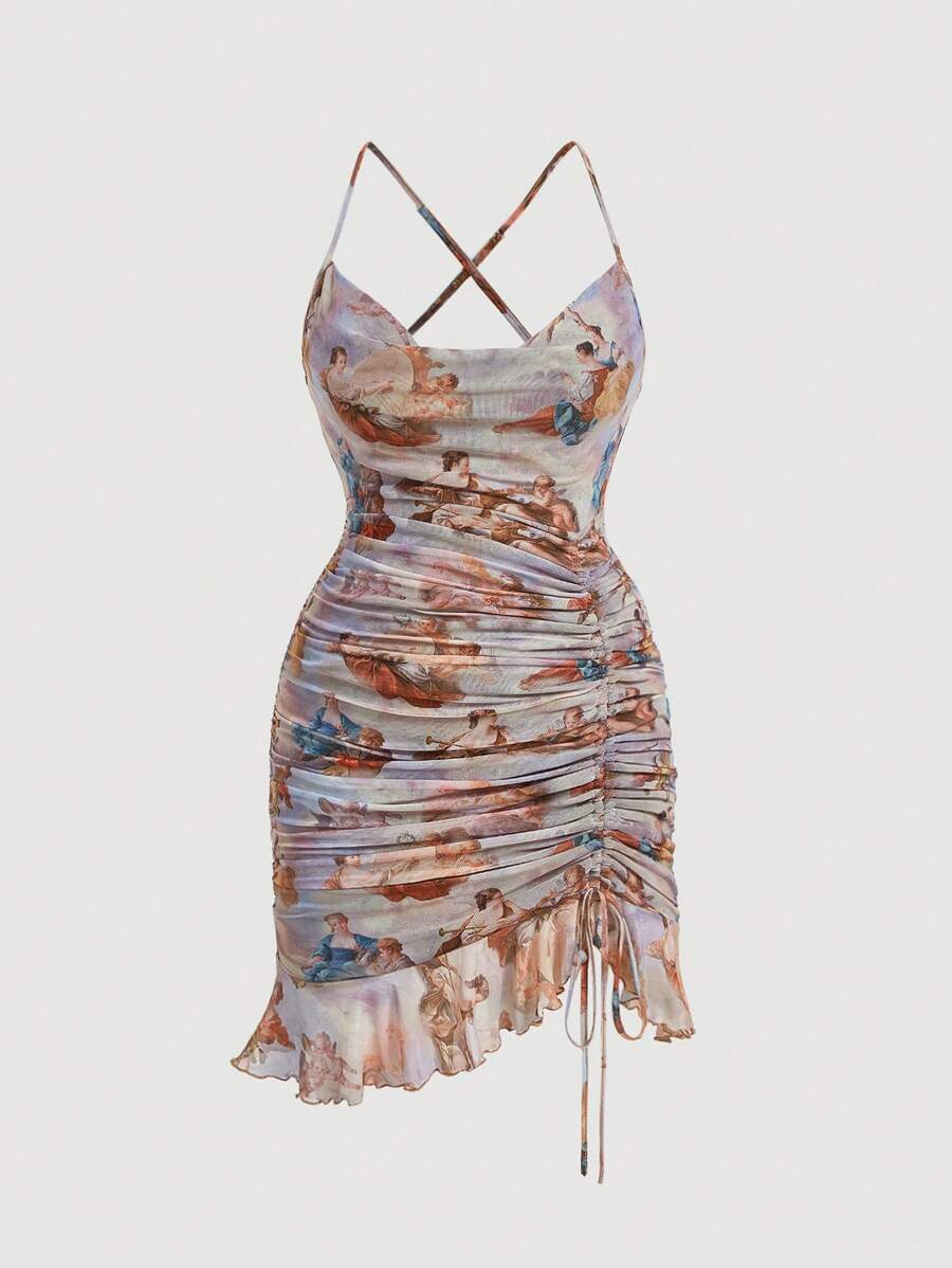 SHEIN MOD 夏季加大码图形抽绳褶饰荷叶边下摆网眼吊带连衣裙 - 彩色 - 查看 1