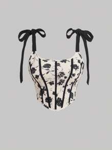 SHEIN MOD 花卉印花綁肩魚骨裝飾情人節束腰結構背心上衣