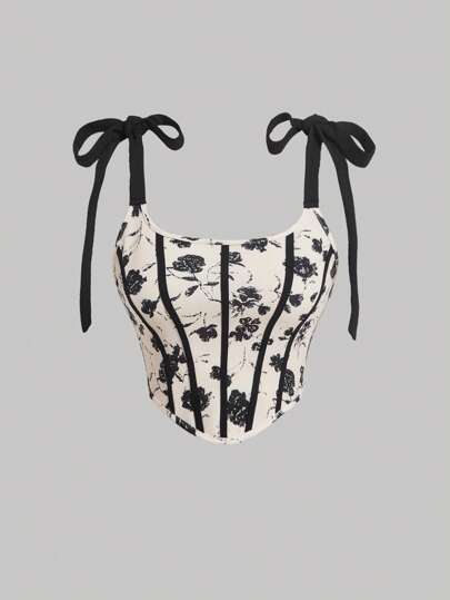 SHEIN MOD 花卉印花綁肩魚骨裝飾情人節束腰結構背心上衣