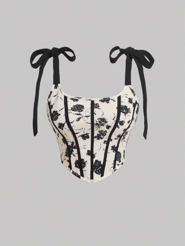 SHEIN MOD Imprimeu Floral Cravată Umăr Os de Pește Decorare Ziua Îndrăgostiților Structura Corset Cami Top