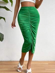 SHEIN Privé Falda de lápiz fruncido - Verde - Ver 1