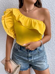 SHEIN Privé Plus One Shoulder Ruffle Trim Top