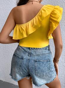 SHEIN Privé Plus One Shoulder Ruffle Trim Top