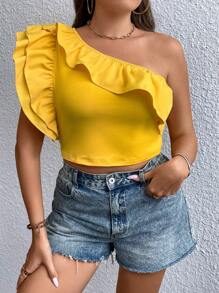 SHEIN Privé Plus One Shoulder Ruffle Trim Top