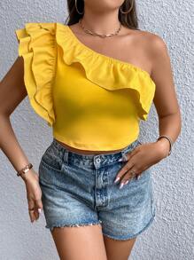 SHEIN Privé Plus One Shoulder Ruffle Trim Top