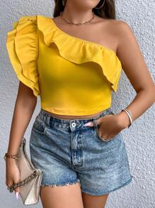 SHEIN Privé Plus One Shoulder Ruffle Trim Top