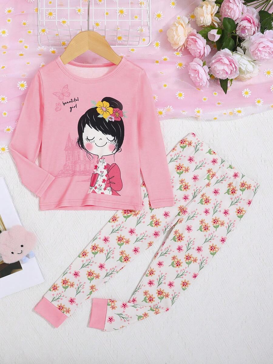 Young Girl Floral & Figure Graphic PJ Set - Multicolor - View 1
