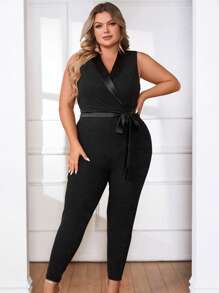 SHEIN Privé Jumpsuits Plus Size Thắt lưng màu trơn Thanh lịch - màu đen - Xem 1