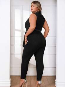 SHEIN Privé Jumpsuits Plus Size Thắt lưng màu trơn Thanh lịch - màu đen - Xem 2
