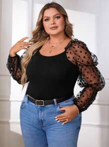 SHEIN Privé 大碼拼接波點網紗燈籠袖上衣 - 黑色 - 查看 4