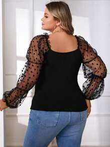 SHEIN Privé 大碼拼接波點網紗燈籠袖上衣 - 黑色 - 查看 2