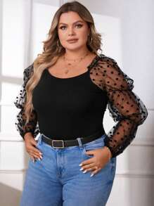 SHEIN Privé 大碼拼接波點網紗燈籠袖上衣 - 黑色 - 查看 3