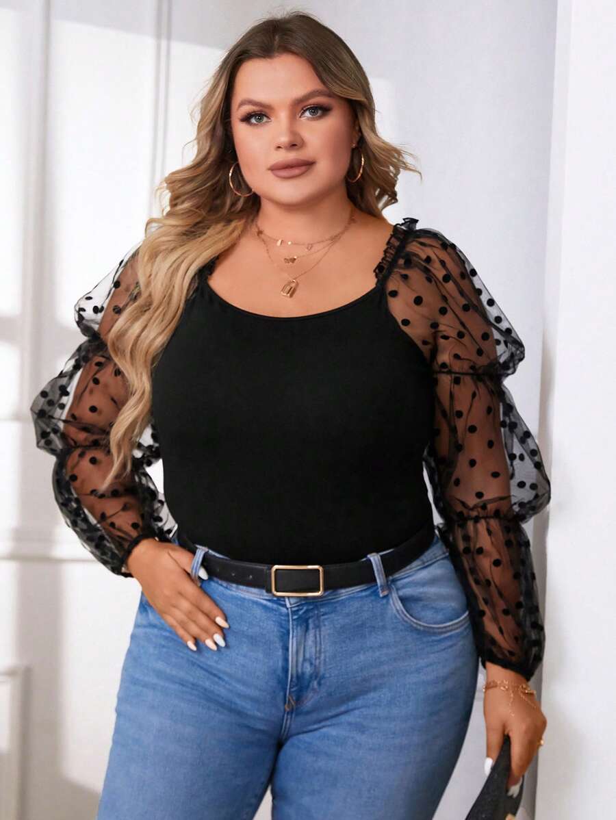 SHEIN Privé 大碼拼接波點網紗燈籠袖上衣 - 黑色 - 查看 1