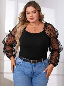 SHEIN Privé 大碼拼接波點網紗燈籠袖上衣 - 黑色 - 查看 6