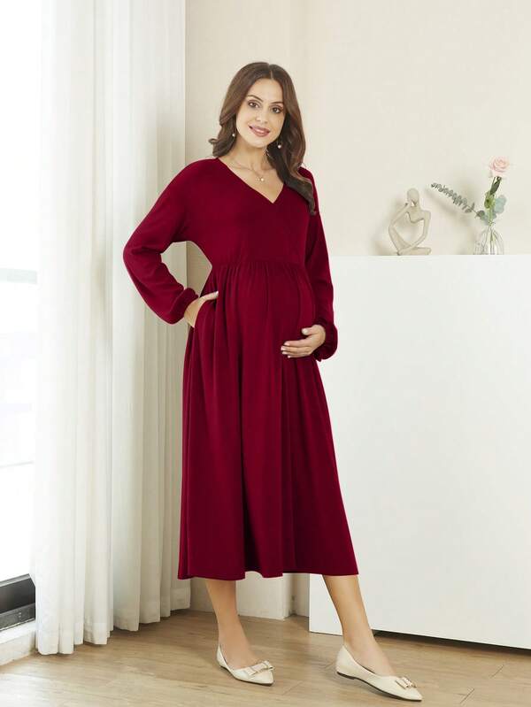 Maternity V Neck Lantern Sleeve Smock Dress