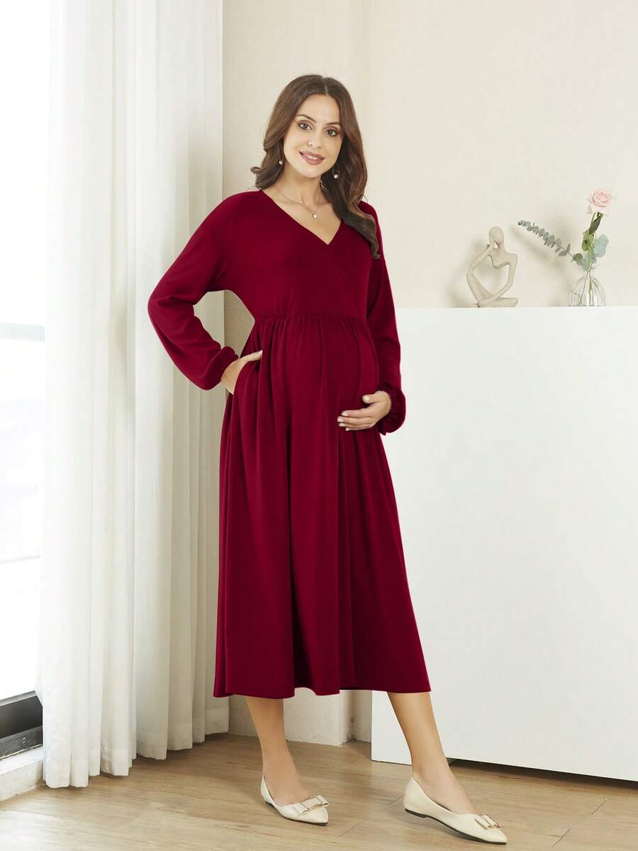 Maternity V-Neck Lantern Sleeve Loose Maternity Dress - Burgundy - View 1