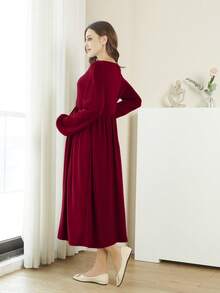 Maternity V-Neck Lantern Sleeve Loose Maternity Dress - Burgundy - View 2