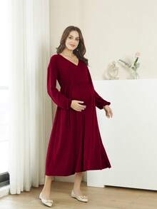 Maternity V-Neck Lantern Sleeve Loose Maternity Dress - Burgundy - View 3