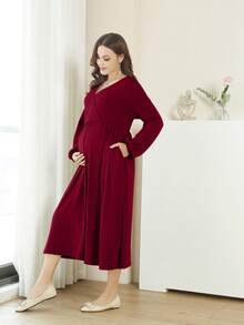 Maternity V-Neck Lantern Sleeve Loose Maternity Dress - Burgundy - View 4