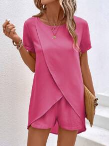 SHEIN LUNE Solid Wrap Hem Blouse & Shorts - Hot Pink - View 1