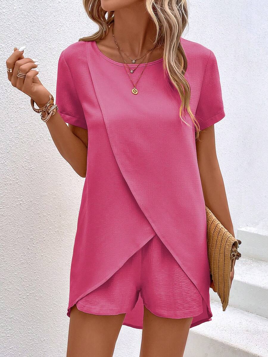 SHEIN LUNE Solid Wrap Hem Blouse & Shorts - Hot Pink - View 1