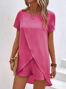 SHEIN LUNE Solid Wrap Hem Blouse & Shorts - Hot Pink - View 4