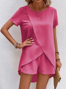 SHEIN LUNE Solid Wrap Hem Blouse & Shorts - Hot Pink - View 5