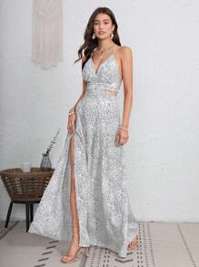 SHEIN VCAY 繫帶後開式滿版圖案連衣裙